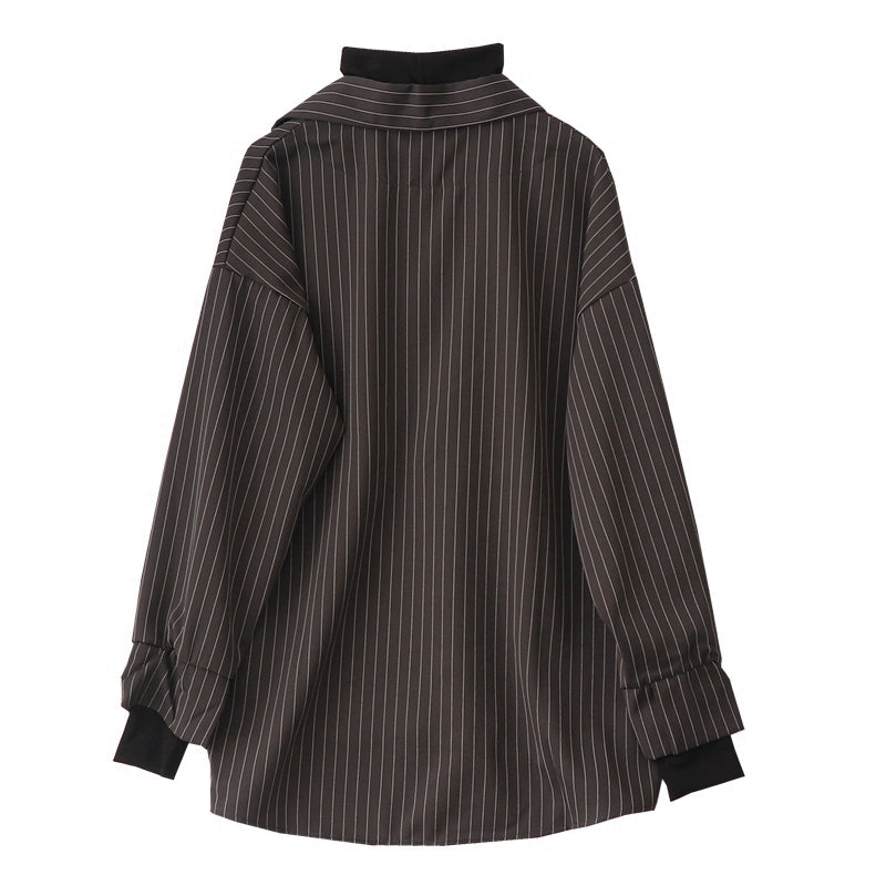 Fake Two Piece Striped Shirt Women Patchwork Knitted Turtleneck  Autumn Winter Long Sleeve Casual Loose Female Blouse Tops
