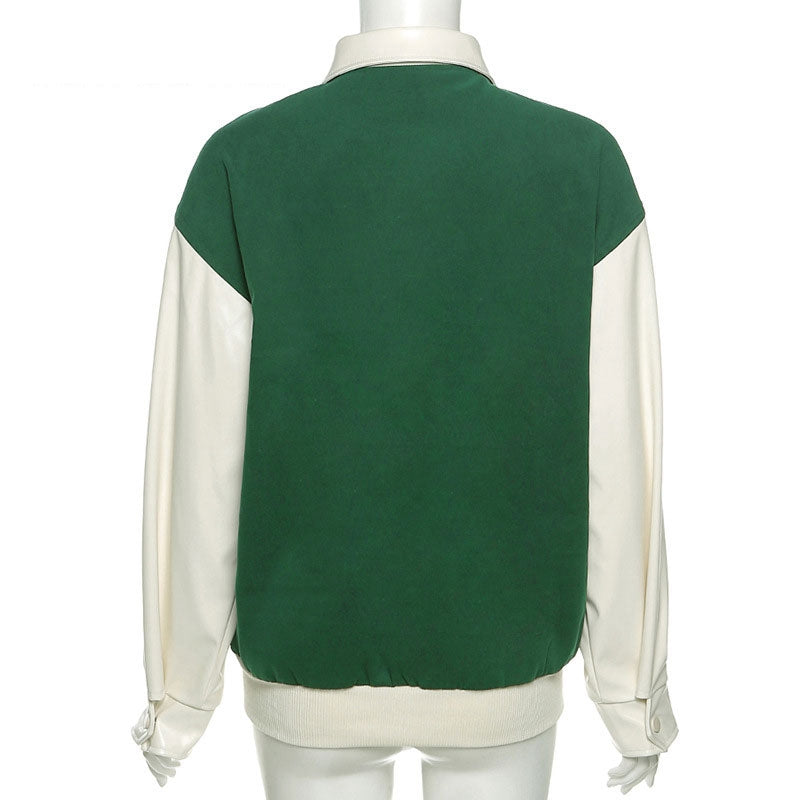 Autumn ‘TAKE A TRIP’ Bomber Jacket Women Grass Green Contrast Sleeve Bomber Jacket with Letter Applique Baseball Jacket