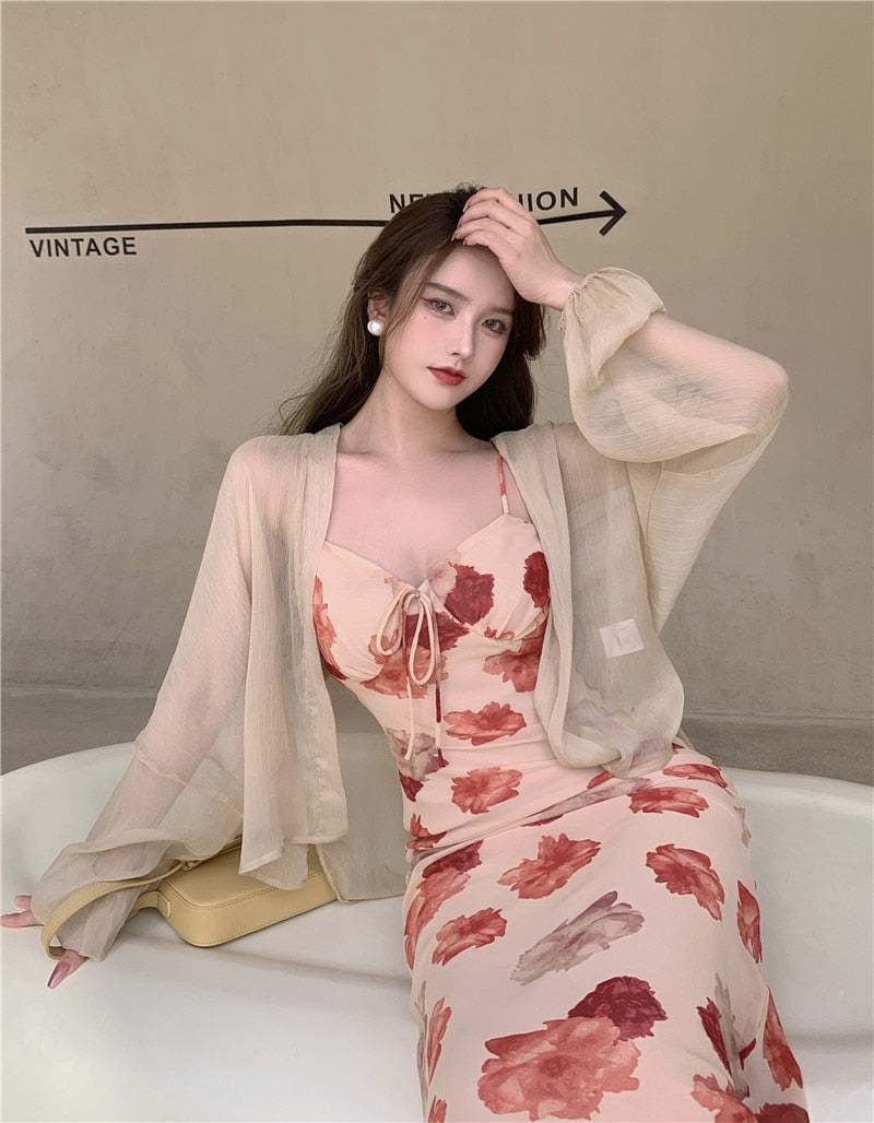 Lizakosht French Vintage Strap Dress Women Sweet Elegant Sleeveless Sexy Floral Dress Female Casual V-neck Beach Party Dress Summer 2021