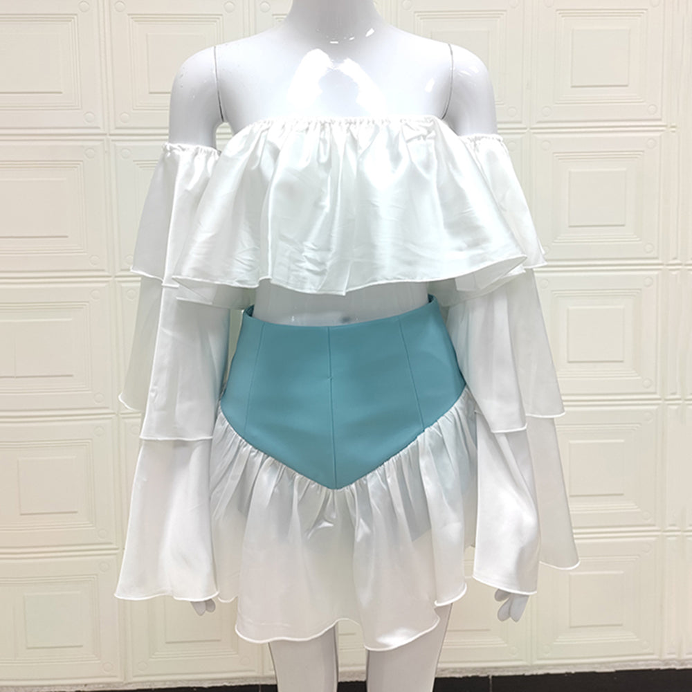 Lizakosht New Summer Two-Piece Suit One-Way Neck Ruffle Top Lady Elegant Ruffled Lady Tight Sexy Celebrity Party Suit
