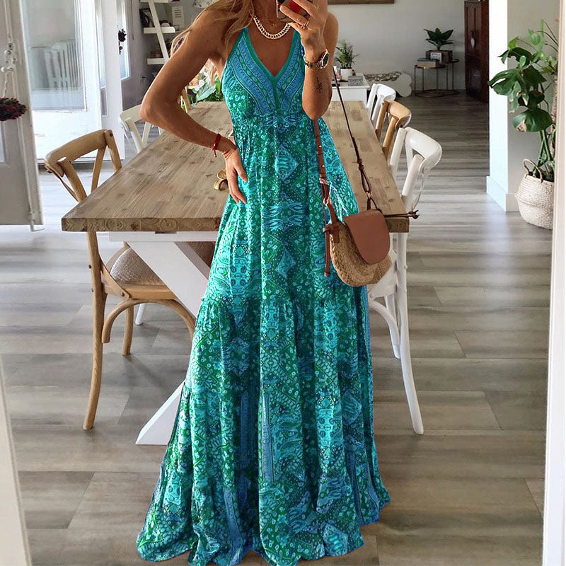 Women's Boho Vintage Maxi Dress Flora Print Deep V Neck Loose High Waist Dresses Spaghetti Strap Summer Retro Vestidos Clothes