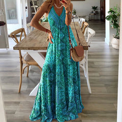 Women's Boho Vintage Maxi Dress Flora Print Deep V Neck Loose High Waist Dresses Spaghetti Strap Summer Retro Vestidos Clothes