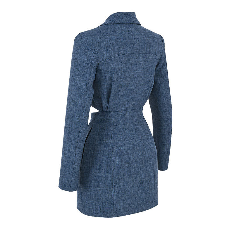 Lizakosht  HIGH QUALITY Newest Blue Dress Blazer Slim Fashion Party Sexy Hollow Waist Mini Long Sleeve Dress Suit 2022 Autumn