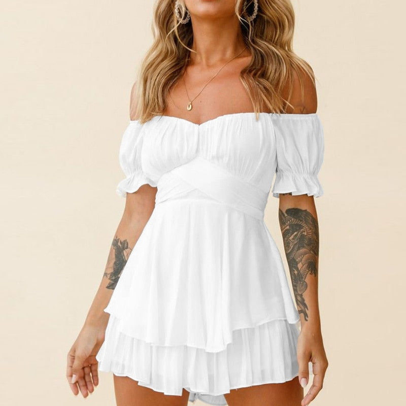 Lizakosht  Off Shoulder Lantern Sleeve Women's Jumpsuits Sexy Ruffle Printing Lace-up Female Rompers 2022 Summer Fashion Sweet Lady Clothes