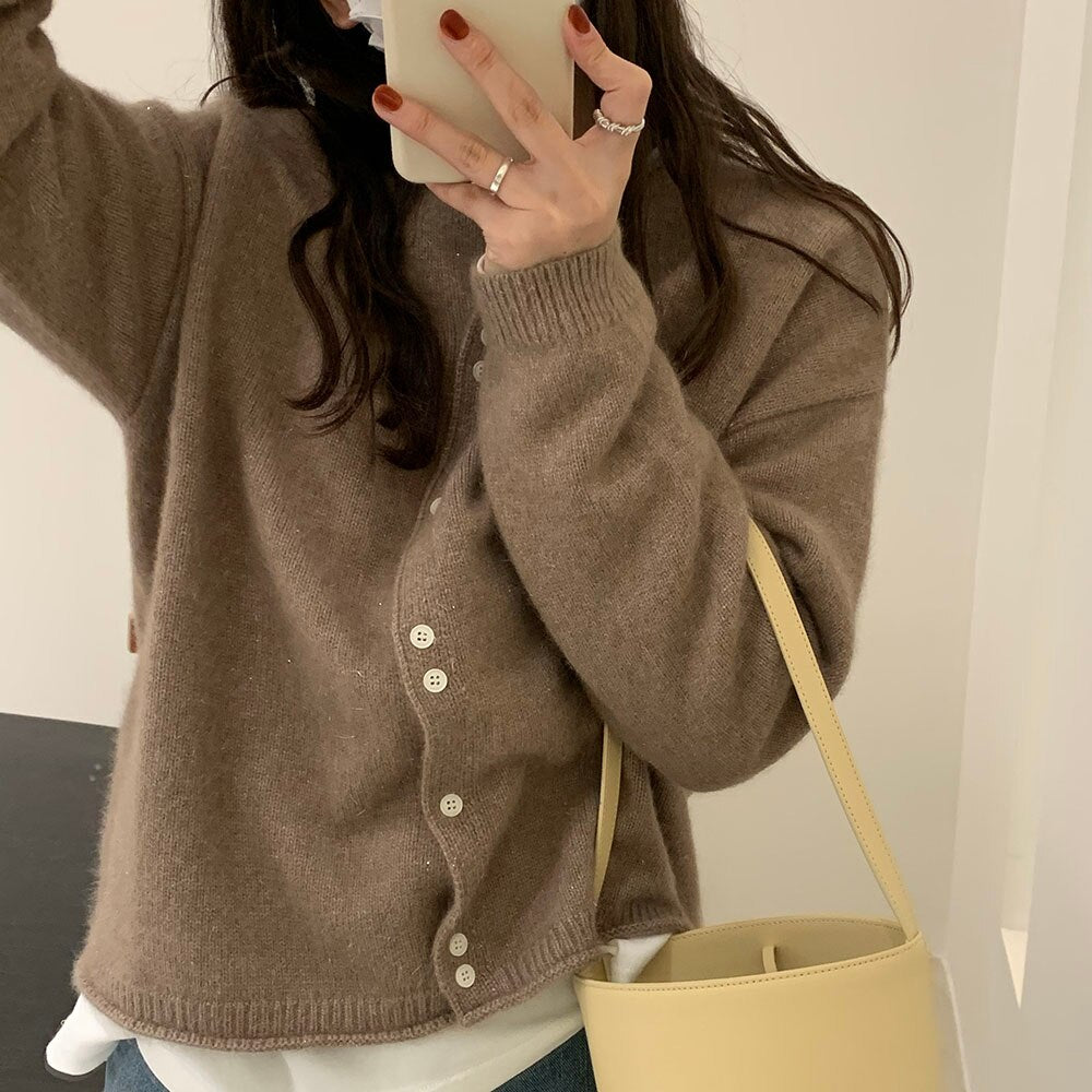 Women Knitting Sweater Round Neck Long Sleeve Korean Fashion Warm Autumn Winter Casual Simplicity Single Breasted