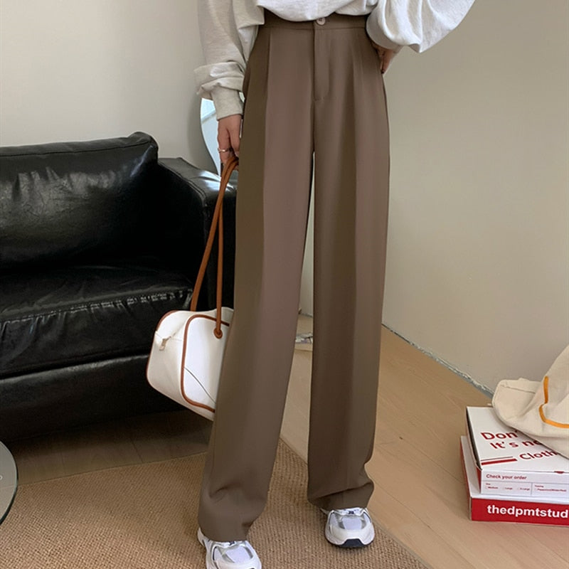 Casual Single Button Women Straight Pants Autumn Winter Pantalon High Waist Female Suit Pants