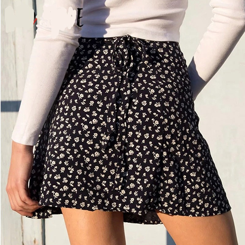 Lizakosht  Grunge 90s Streetwear Mini Skirts High Waist Flower Print Bow Bandage Aline Skirt Vintage Fashion Women Slim Clothes