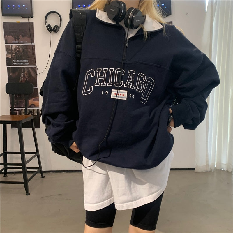 Dark Blue Letter Printing Zip Up Collar Sweatshirt Women Vintage Brand Fashion Oversized Loose Casual Streetwear New Long Sleeve