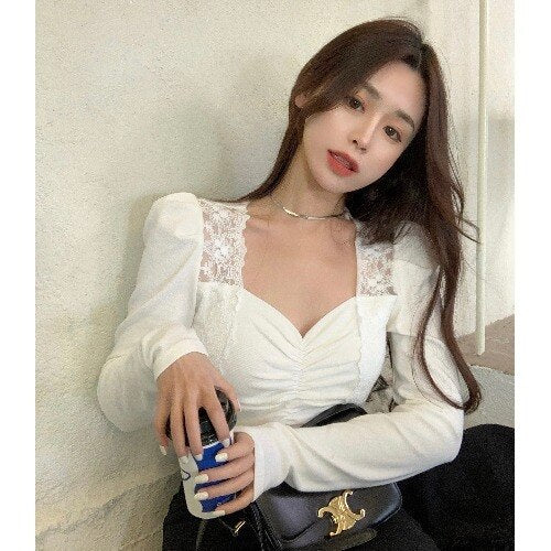 Elegant Vintage Blouses Women Puff Sleeve Square Collar Tops Female Lace Design Office Ladies Sweet 2022 Summer Korean Fashion
