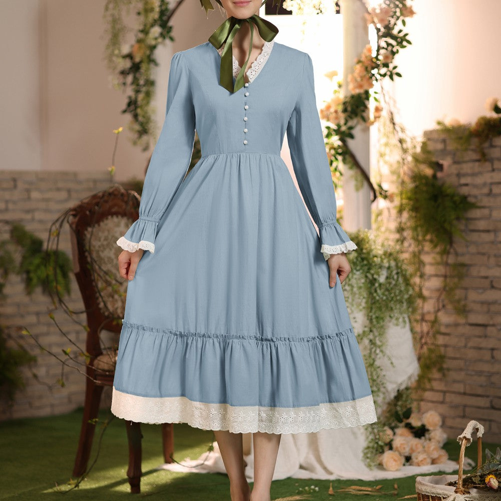 SD Women Renaissance Cotton Dress Puffed Long Sleeve V-Neck Flared A-Line Dress Women Vintage Solid Color Winter Dress Elegant