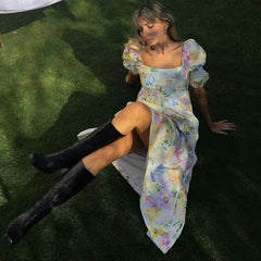 Women France Floral Print Holiday Dress Square Collar Back Tie Bow Backless Dresses Slim Midi Slit Dress 202107