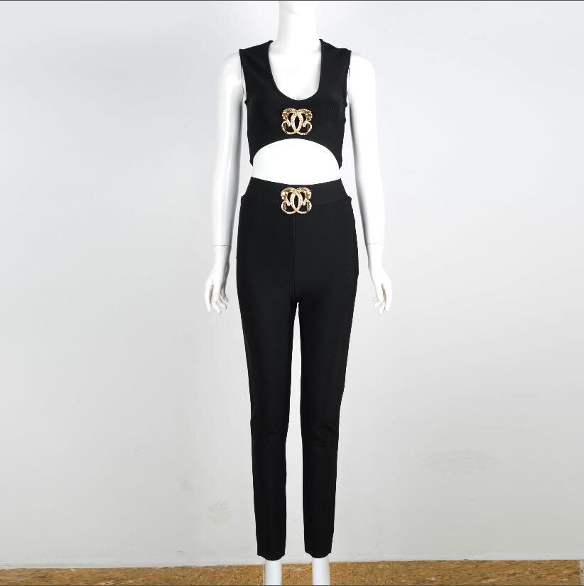 Hot Sale Women Summer Fashion Sexy V Neck Sequined Black Pink Two Piece Bandage Set 2021 Celebrity Designer Fashion Women's Set