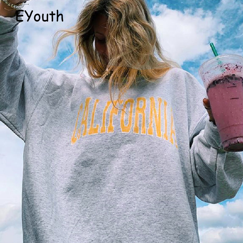 Lizakosht Laguna Beach Sweatshirts Gray Letter Embroidery Sweatshirt New Women Oversized Vintage Collar Pullovers Women Sweatshirts