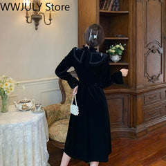 Velvet One Piece Dress Korean Fashion Long Sleeve Black Y2k Midi Dress Evening Party Kawaii Clothing 2022 Vintage Elegant Dress