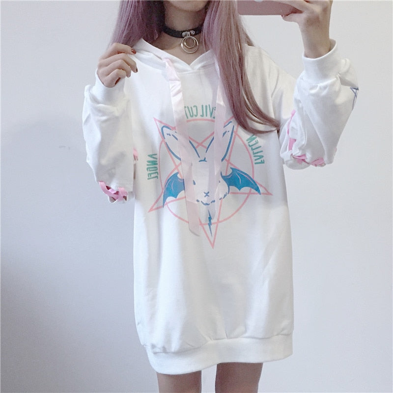 Harajuku Hoodies Autumn Women 2022 New Print Lace Up Gothic Punk Oversize Tops Long Sleeve Hooded Sweatshirt Pullover Streetwear