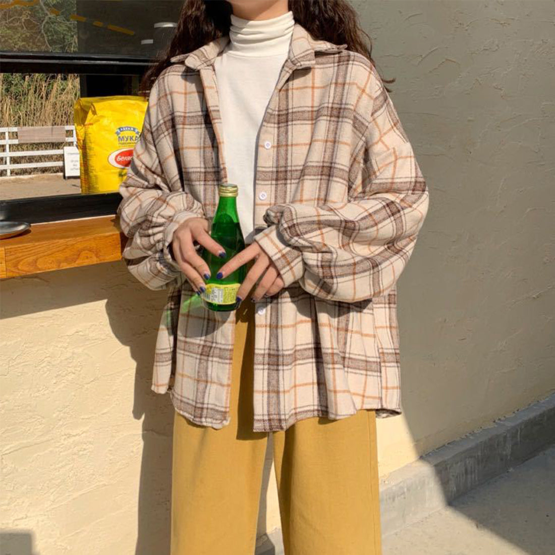 Women Vintage Warm Shirt Jacket Autumn Winter Plaid Long Shirt Jacekt Casual Loose Buttons Pockets Turn down Shirt Coat