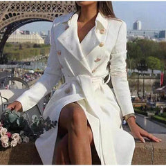 Lizakosht White Trench Coat for Women Vintage Double Breasted Slim Long Trench Female Winter New Office Lapel Solid Trench Dress OL Ladies