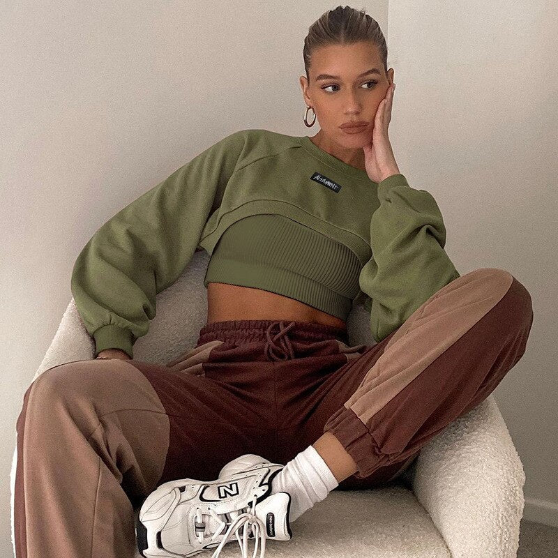 Sling small vest round neck long-sleeved sweatshirt for women's outerwear two piece solid color sexy pullover tops women