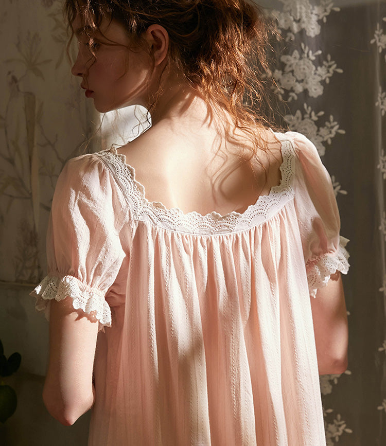 Summer Women‘s Cotton Pink Princess Sleepshirts Vintage Ladies Girls Lace Nightgowns Nightdress Cute Home Lounge Sleepwear