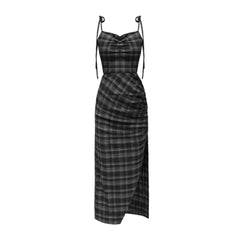 Lizakosht Punk Gothic Women Black Plaid Sexy Deep V-neck Dress Summer Elegant Fashion Dark Halter High Waist Split Dresses