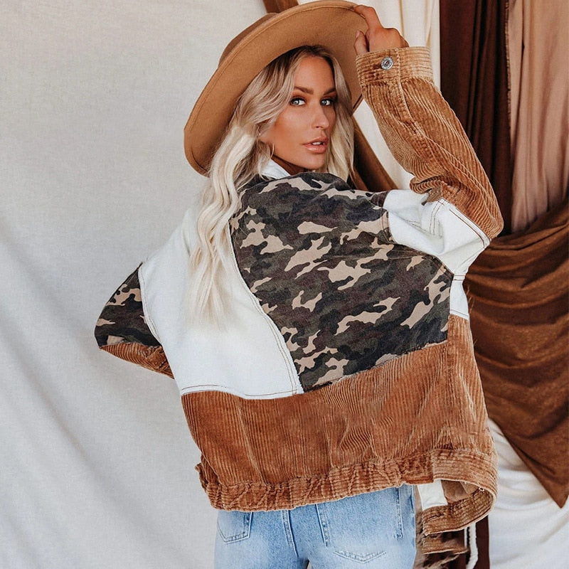 Lizakosht Jackets For Women  Denim Corduroy Camouflage Stitching Jacket Turn-dowm Lapel Vintage Cowgirl jackets coats chaqueta mujer