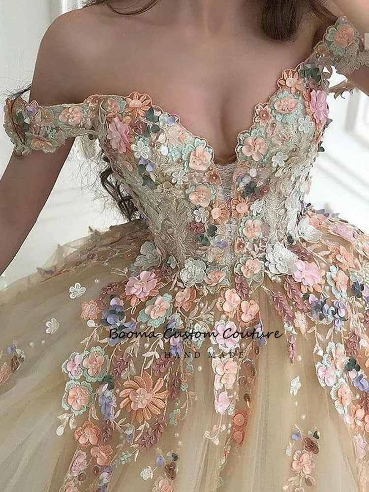 Lizakosht  Fairy Ball Gown Princess Prom Dresses Off the Shoulder Sweetheart Floral Appliques Formal Party Dresses Tulle Long Evening Gowns