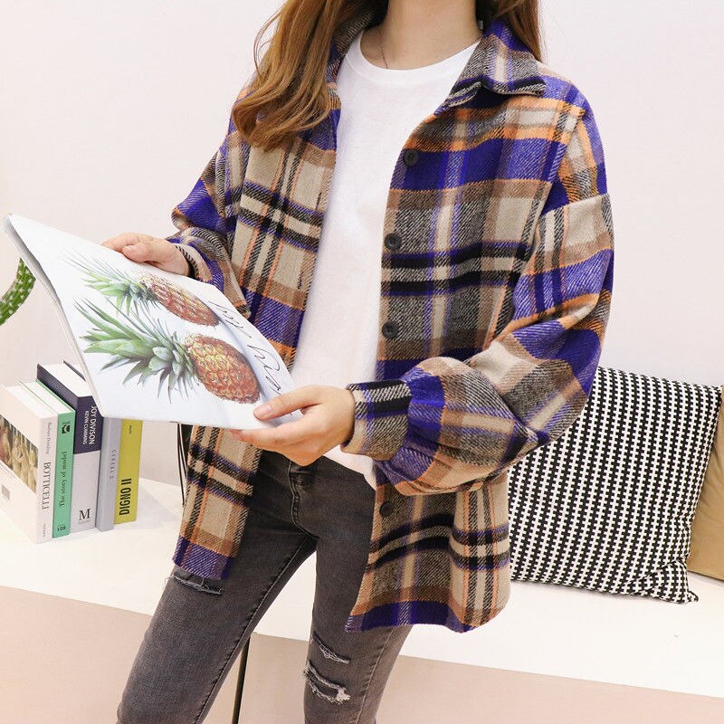 Women Spring Autumn Long Sleeve Blouse Plaid Flannel Boyfriend Tunic Shirts Loose Casual Street Lady Korean Oversized Top