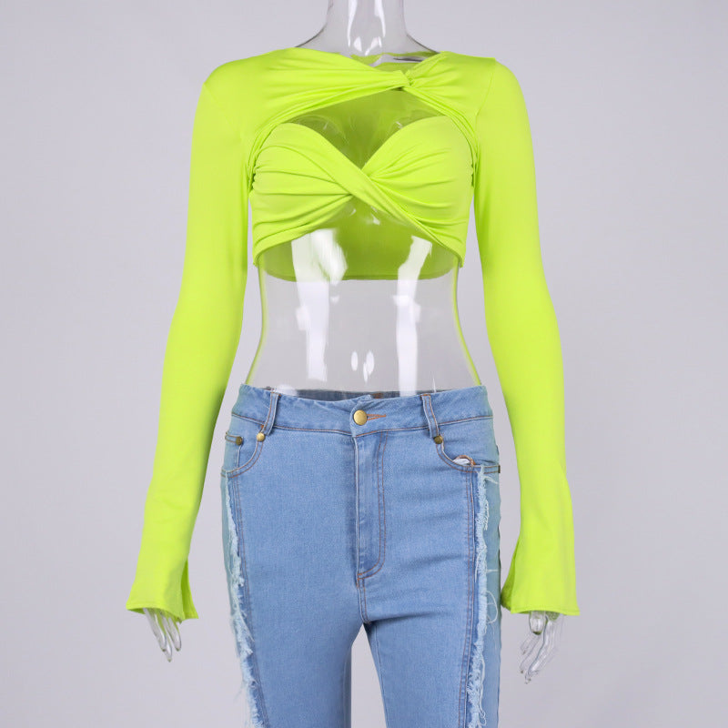Fall Fashion Tops Women 2022  Long Sleeve Bodycon Top Green Cut Out Sexy Crop Top Blouses Slim Fit for Party Club