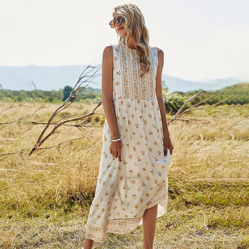 Lizakosht Sleeveless Summer Women Dress Floral Print O-Neck Boho Long Dresses Hippie Chic Casual Beach Maxi Dress Vestidos