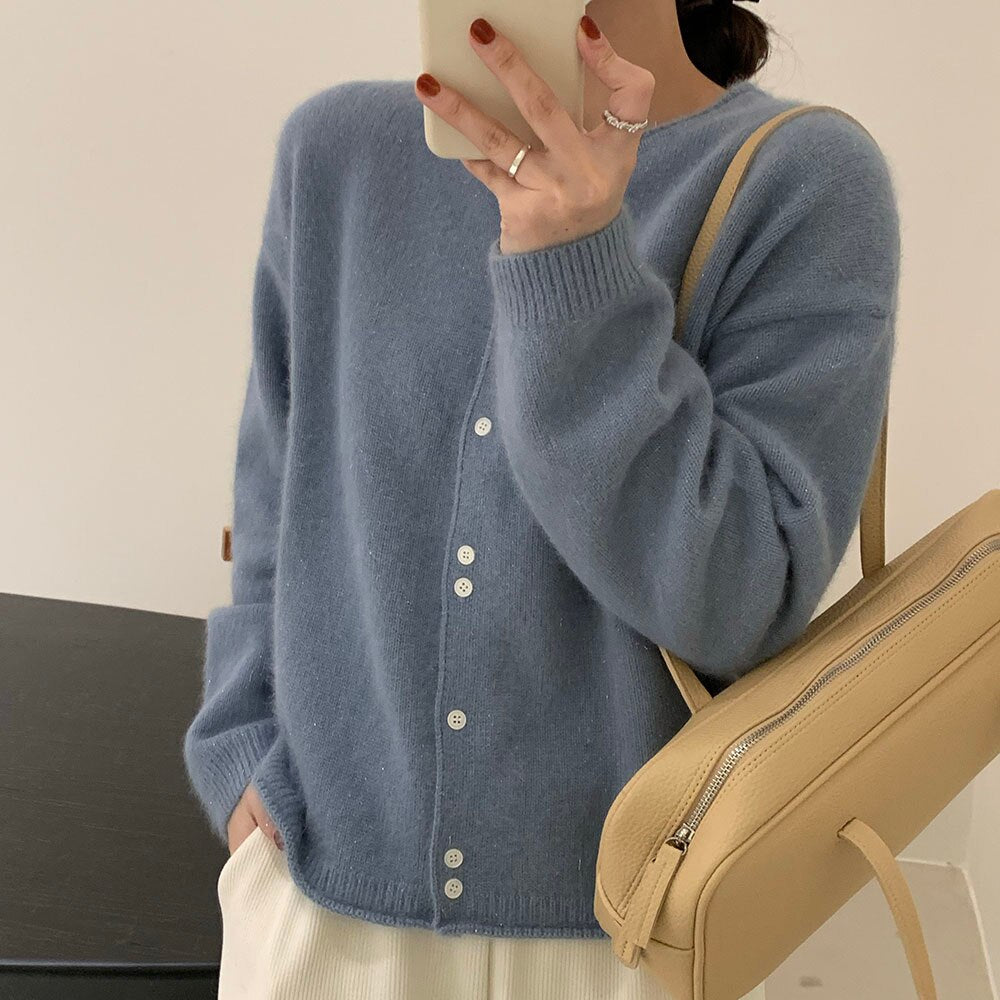 Women Knitting Sweater Round Neck Long Sleeve Korean Fashion Warm Autumn Winter Casual Simplicity Single Breasted