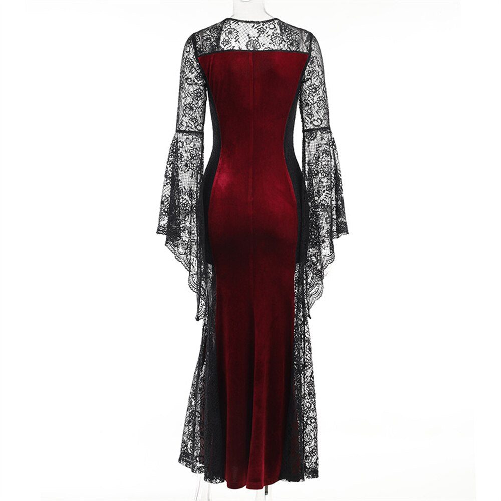 Gothic Dark Mesh Midi Dress Women Victorian Costume Velvet Robe Renaissance Witch Medieval Dresses Cosplay Wizard Halloween Y2k