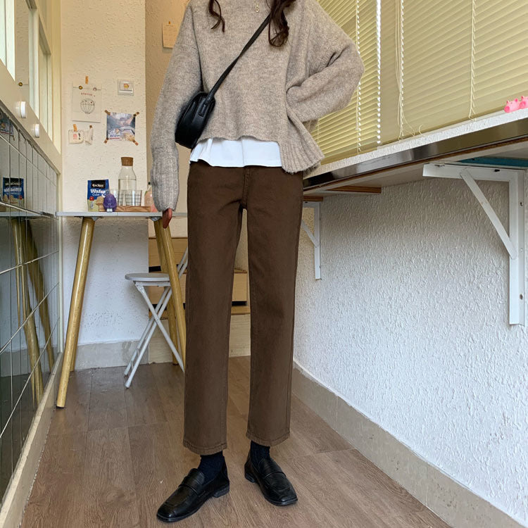 Autumn New Brown Straight Denim Vintage Slender Office Lady Jeans Women Trousers High Waist Large Size Pants Female KZ703