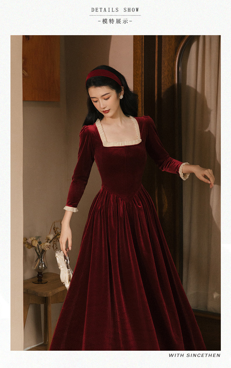 Vintage Velvet Dress Woman Solid Claret & Purple Color Square Collar Ruffles Elegant Lady Dinner Dresses Retro Vestido Festa