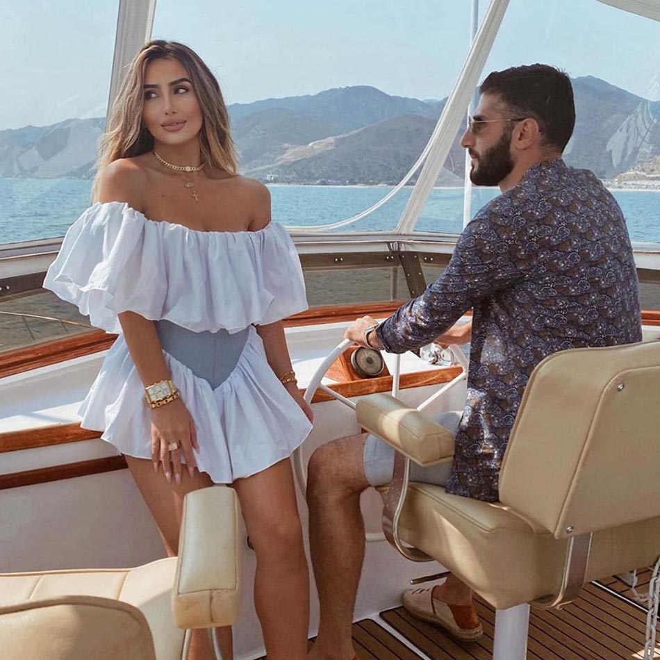 Lizakosht New Summer Two-Piece Suit One-Way Neck Ruffle Top Lady Elegant Ruffled Lady Tight Sexy Celebrity Party Suit