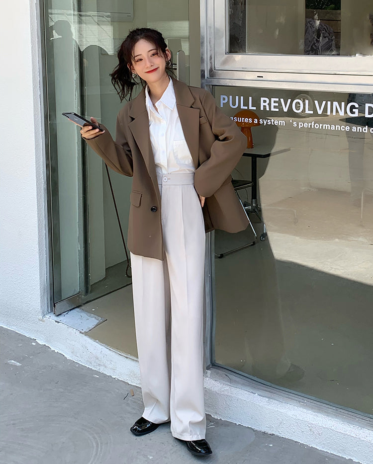 Casual Single Button Women Straight Pants Autumn Winter Pantalon High Waist Female Suit Pants