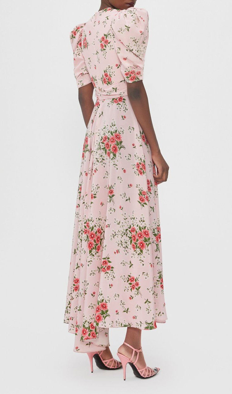 Lizakosht Pink Floral Dress Summer New French Bellflower Puff Sleeve Polyester Chiffon Ankle Print Long Dress Woman