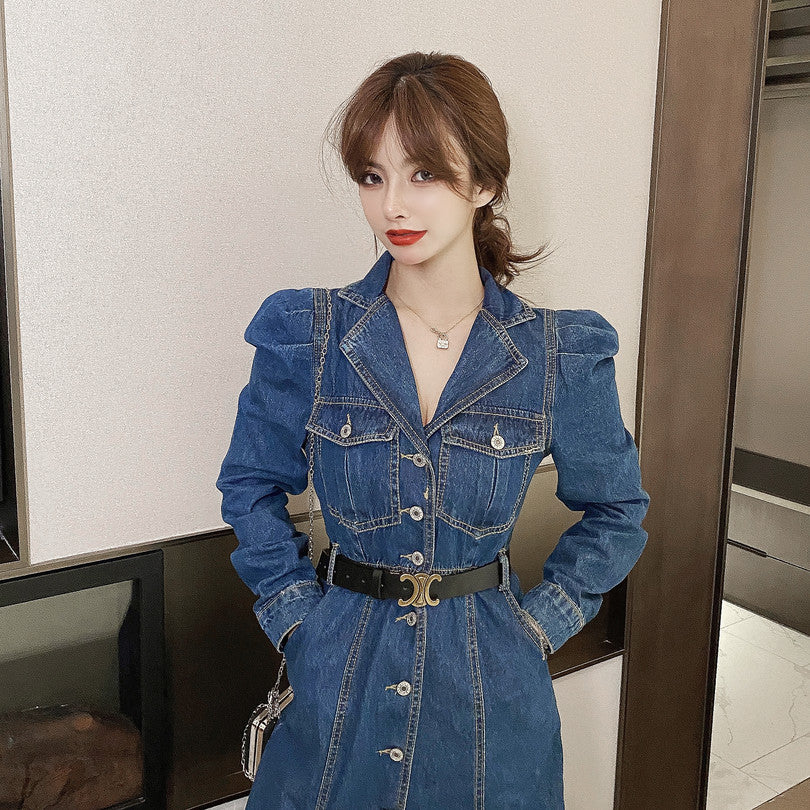 Autumn Denim Long Dress Women Casual Lapel Long Sleeve Long Cowboy Vestidos Korean Elegant Work OL Jean Dress Robe Femme