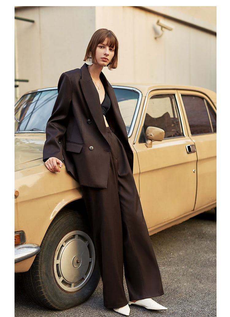 AEL Vintage Autumn Winter Women Pant Suit Dark Brown Loose Blazer Jacket & Wide Leg Pants 2021  Office Suits Female Sets