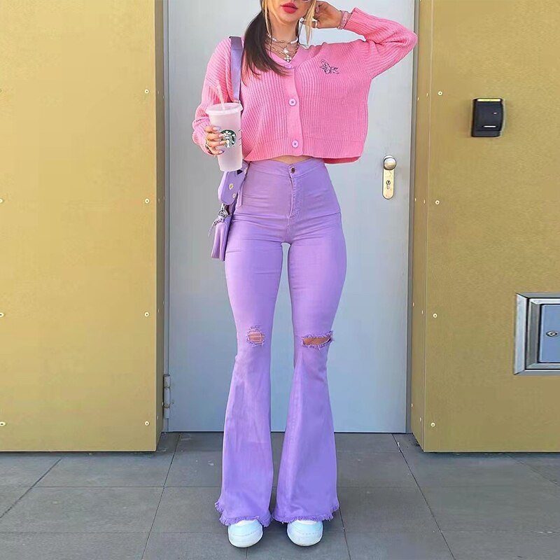 Streetwear Y2k Flared Jeans Women High Waist Fashion Purple Stretch Baggy Mom Jeans Wide Leg Pants Elegant Denim Trousers 90S