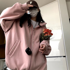Autumn winter new cardigan stand-up collar sweatshirt plus velvet thickening female preppy Korean loose baseball uniform jacket