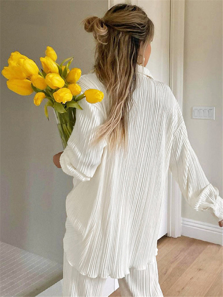 Lizakosht New Luxury Pleated Women's Set Oversized Two Piece Set Turn Down Collar Shirt Top And Pants Sets Casual High Street