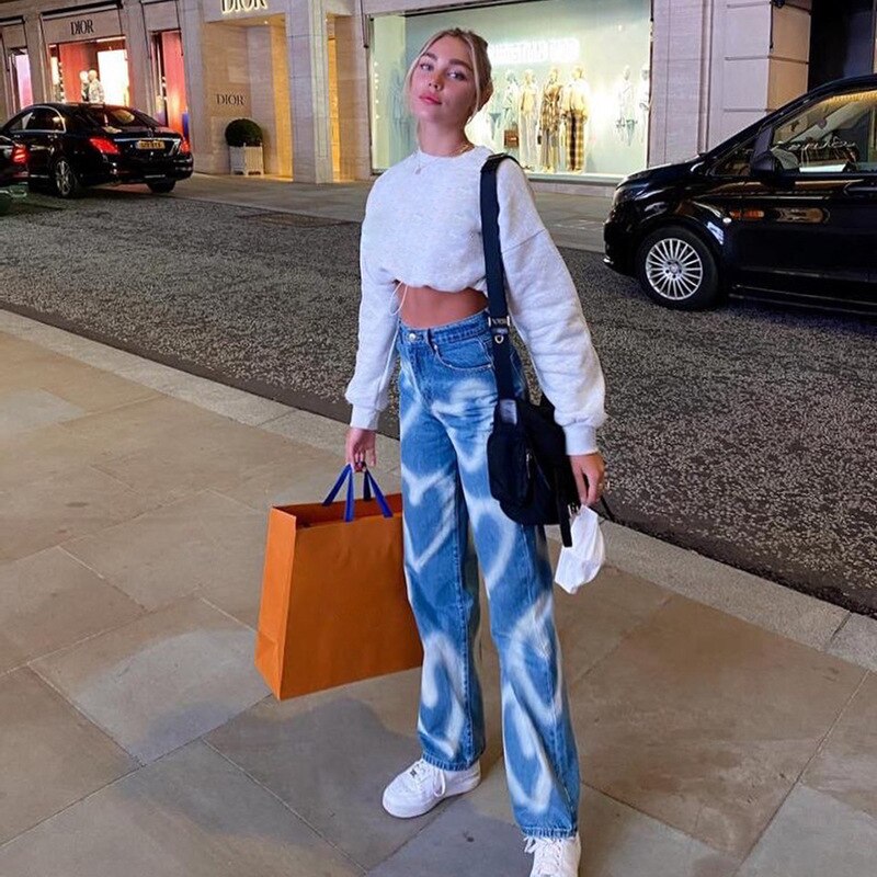 Lizakosht Fall/Winter New Woman's Heart Printed Graffiti Jeans High Waist Loose Denim Wide Leg Pants Street Hipster Trousers S-2XL