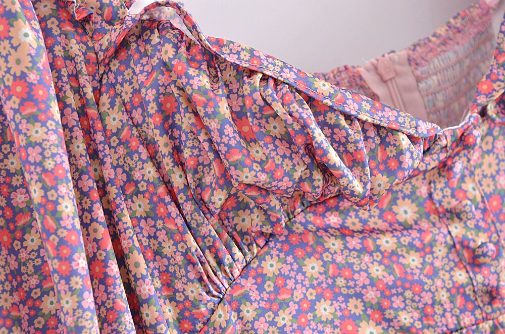 Lizakosht Spring Women Vintage Floral Print Mini Dress Sweet Ruffle Sexy Collar Puff Sleeve Dress Ladies Prairie Chic Vestido