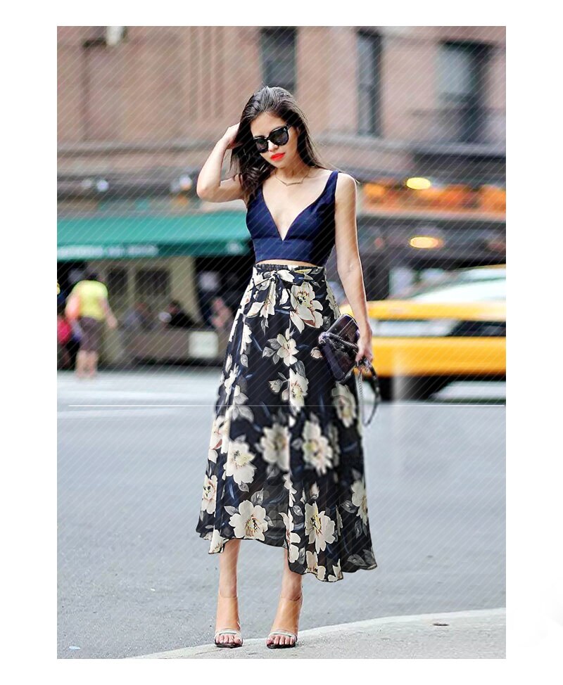 Spring Summer Newest Women Chiffon Skirts Printing Floral A line High Waist Bow Lace Up Belt Y2K Ladies Midi Long Skirt