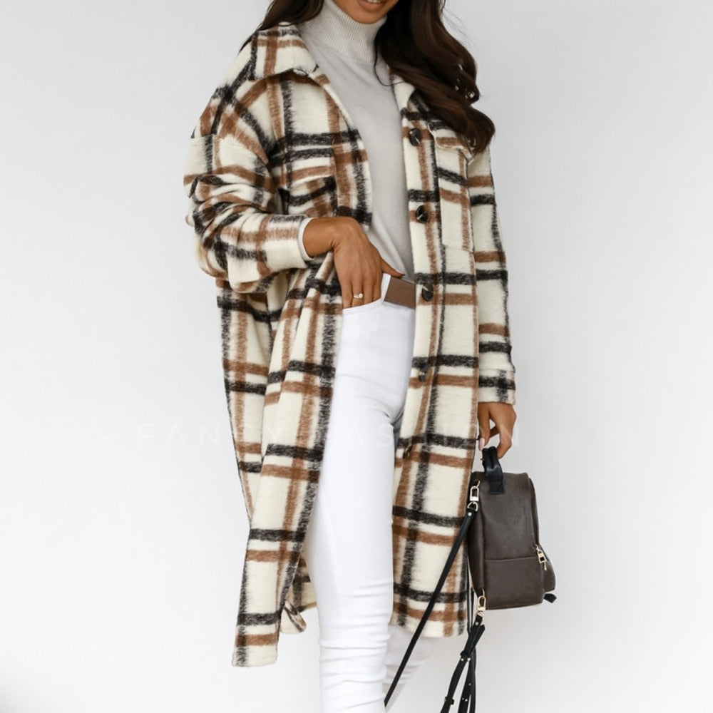 Winter Checked Women Jacket Turn Down Overcoat Warm Plaid Long Coat Oversize Thick Woolen Blends Female Streetwear