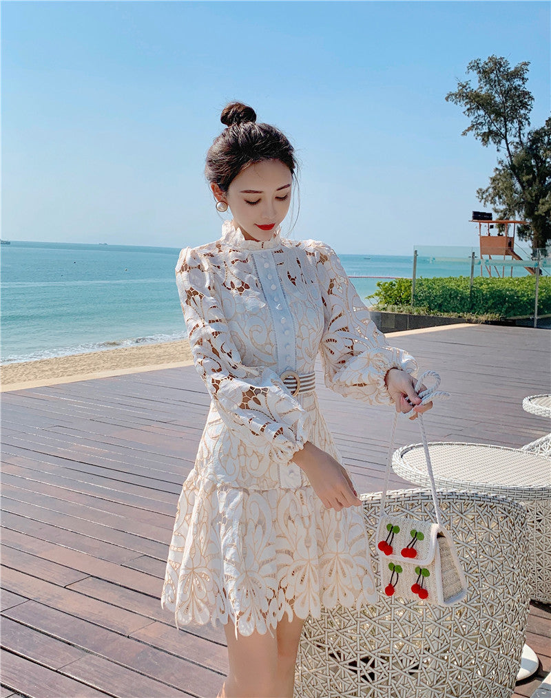 Runway Designer Spring Lace Party Dress 2021 New Women Lantern Sleeve Hollow Out Dress Fashion Holiday Belt Mini Dresses