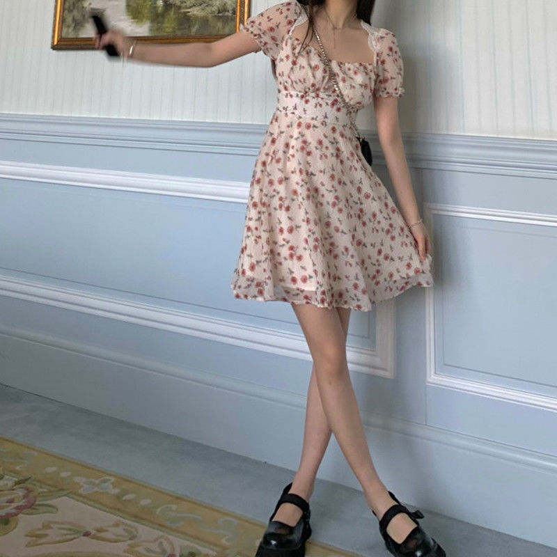 Summer Elegant Floral Dress Women Lace Up Designer Backless Sexy Mini Dress French Retro High Waist Chic Party Sweet Dress