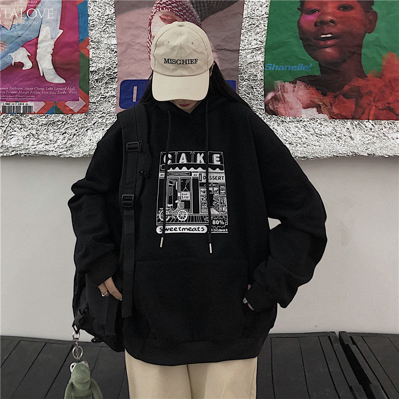 Hoodies Women Printed Thickening Hooded Plus Velvet BF Unisex Couples Pullover Sweatshirt Streetwear Hip-Hop All-match Oversize