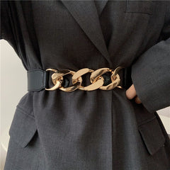 Fashion Punk Women Elastic Wide Belts PU Leather Thick Chain Waist Strap Dress Coat Sweater Lady Decorative Waistband