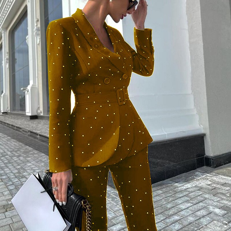 Women Printed Suit Jacket Trousers Two Piece Suit 2022 Autumn And Winter Suit Women's Black Polka Dot Long Sleeve Suit Jacket